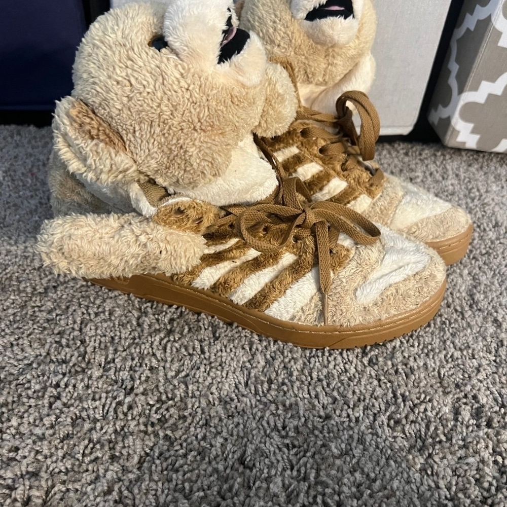 Jeremy Scott x Adidas Furry Bear Sneakers - Tan and Cream